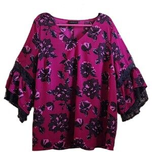 Lane Bryant Women's Blouse Size 22/24 Purple Floral Pullover Ruffle Lace Sleeves